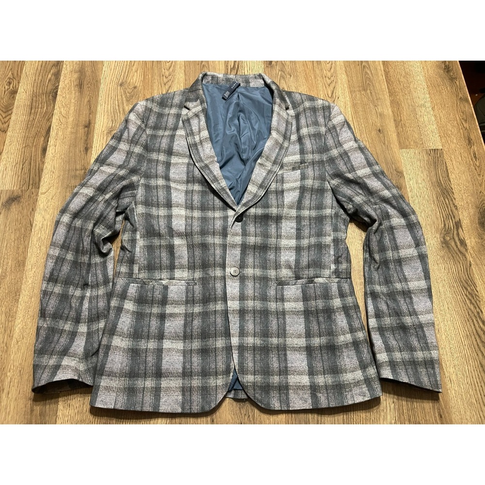 Zara Man blazer, Men's Size 44, Gray Blue, Plaid, Two Buttons, jacket suit Coat